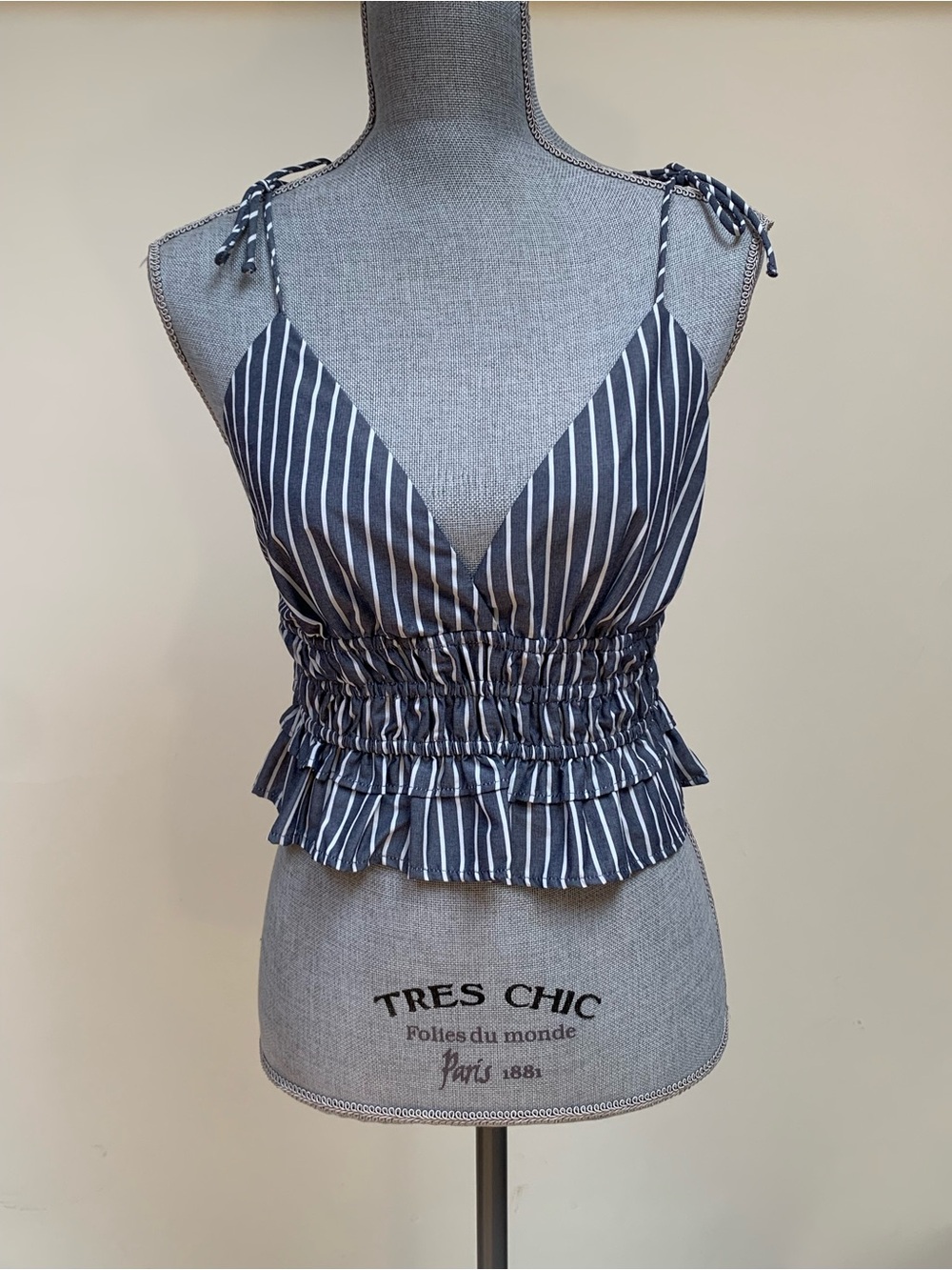 Sim & Sam Striped Navy & White Tie-Shoulder Ruffle Crop Top sz S 100% Cotton